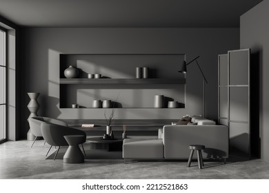 Dark Living Room Interior With Sofa And Two Armchairs With Coffee Table, Drawer And Shelf With Minimalist Decoration And Divider, Window. 3D Rendering