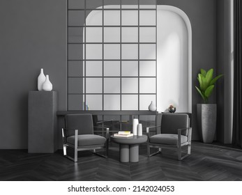 Dark Living Room Interior With Two Armchairs, Coffee Table And Stand With Books And Art Decoration, Black Hardwood Floor. Plant In The Corner. 3D Rendering