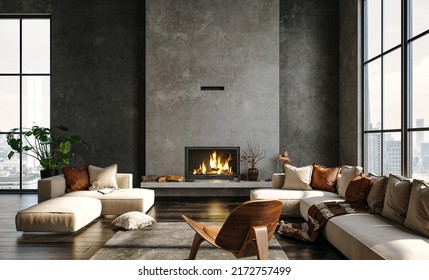 Loft de salón oscuro con chimenea, estilo industrial, renderización 3d