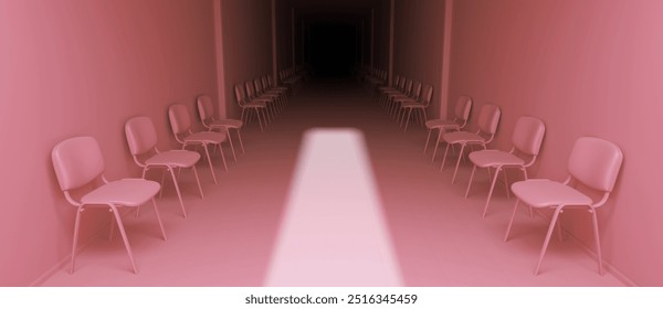 A dark and long hallway with identical chairs lit by light coming from an open door. The atmosphere creates a sense of intrigue, uncertainty, emptiness, mystery, suspense, horror. 3D Illustration. - Powered by Shutterstock