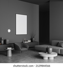 Dark Lounge Interior With Armchair And Sofa, Round Coffee Table, Drawer With Art Decoration, Side View, Grey Concrete Floor. Mock Up Blank Poster, 3D Rendering