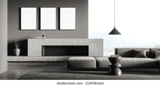 Dark Lounge Room Interior With Grey Sofa, Fireplace And Lamp With Stand, Grey Concrete Floor. Three Mockup Posters In Row, Panoramic Window With Countryside. 3D Rendering 