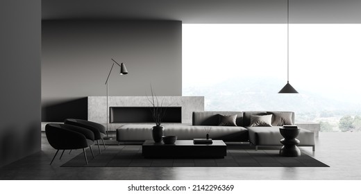 Dark Lounge Room Interior With Sofa And Armchair, Coffee Table With Decoration, Carpet And Grey Concrete Floor. Minimalist Guest Space. 3D Rendering