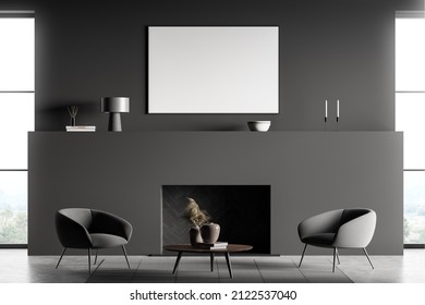 Dark Lounge Room Interior With Two Armchairs And Panoramic Window On Countryside, Grey Concrete Floor And Carpet. Coffee Table With Fireplace. Mock Up Blank Canvas, 3D Rendering