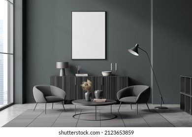 Dark Lounge Room Interior With Two Armchairs And Coffee Table, Drawer With Decoration Near Window With City View, Carpet On Grey Concrete Floor. Mock Up Blank Frame, 3D Rendering