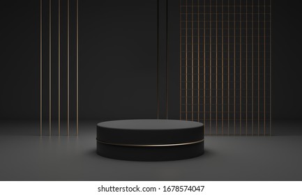 Dark matte pedestal, podium and gold decor. Exhibition space for branded products, goods. Gold glitter decor design. Luxury expensive studio. 3d render illustration. Mockup template with copy space. 