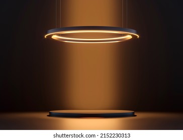 Dark matte pedestal, podium, stand and light. Exhibition space for branded products, goods. Glow decor for Luxury royal ads design. 3d render illustration. Shower cosmetics advertising mockup