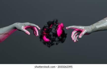 dark matter nebula with pink shades between the hands of adam's creation in marble sculpture. concept of creation of the universe, god particle. 3d rendering
