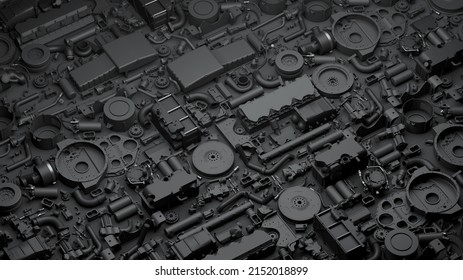 Dark mechanical wallpaper. 3d render vehicle parts pattern. Black transport  background with car engine parts, gear wheels, pipes, heap of auto parts, wheels, bolts. 3d illustration