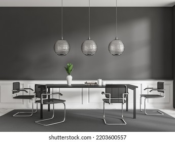 Dark Meeting Room Interior With Table And Chairs On Carpet, Hardwood Floor. Stylish Living Room With Decoration And Lamps. 3D Rendering