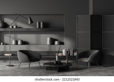 Dark Meeting Room Interior With Two Armchairs And Coffee Table, Drawer And Shelf With Minimalist Decoration And Room Divider. 3D Rendering