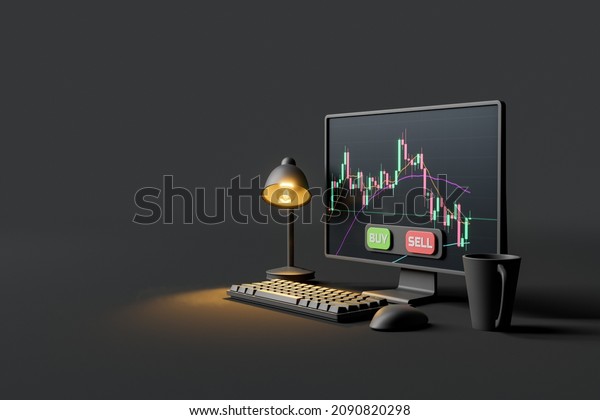 dark\
minimalist desk with computer screen with candlestick chart and\
lamp. concept of economics, stock market, cryptocurrencies,\
decentralized finance and trading. 3d\
rendering