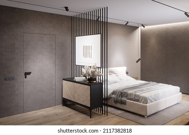 Dark Modern Bedroom With An Illuminated Horizontal Poster On The Partition Near A Door, A Vase Of Flowers On A Wooden Chest Of Drawers, A Bed With Light-colored Sheets, A Dark Wood Wardrobe. 3d Render