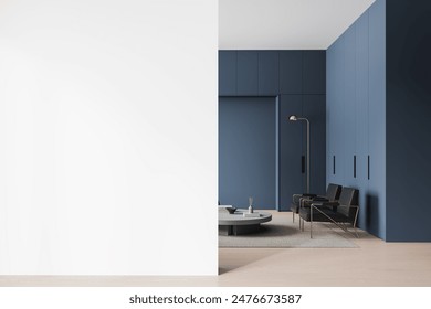 Dark modern home living room interior with armchairs and coffee table, carpet on hardwood floor. Blue chill zone design. Mock up copy space wall partition. 3D rendering - Powered by Shutterstock