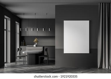 Dark Modern Kitchen Interior. Dining Area With Marble Table. Wooden Parquet Floor. Panoramic Window. Mock Up Poster On Wall. 3d Rendering