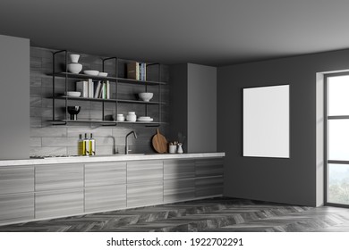 Dark Modern Kitchen Interior. Dining Area With Wood Table. Wooden Parquet Floor. Panoramic Window. Mock Up Poster On Wall. 3d Rendering