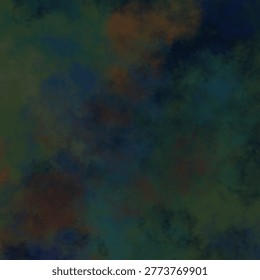 A dark, moody abstract background featuring deep forest green, navy blue, and earthy orange smoke-like textures blended into a somber, atmospheric mist.