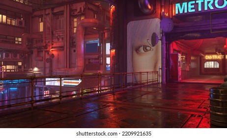 Dark Moody Dystopian Future Cyberpunk City Urban Landscape At Night After Rain. 3D Illustration.