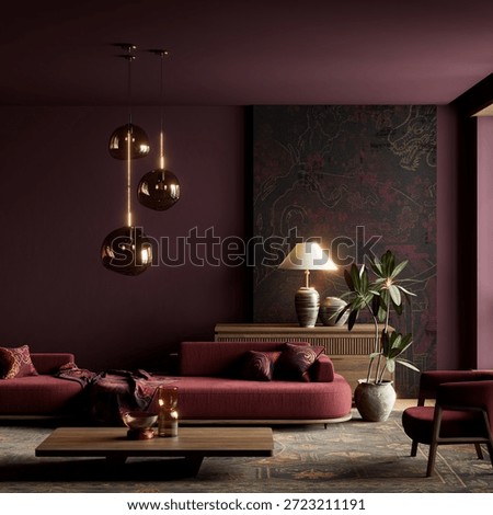 A dark moody japandi interior defined by dramatic lighting, burgundy accents and clean furniture lines, blending minimalist design with modern luxury to create an cinematic mood. 3D illustration