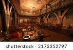 Dark moody medieval dining hall with tables laid for a great feast. 3D illustration.