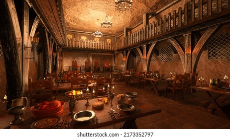 Dark Moody Medieval Dining Hall With Tables Laid For A Great Feast. 3D Illustration.