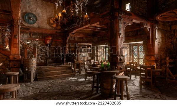 Dark\
moody medieval fantasy tavern inn bar with candles burning and\
daylight coming through windows. 3D\
illustration.