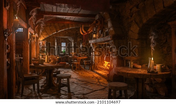 Dark moody medieval tavern inn interior with\
food and drink on tables, burning open fireplace, candles and\
daylight through a window. 3D\
rendering.