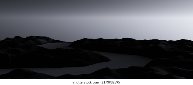 Dark Mountain Plateau With Winding River Background. Futuristic Evening Landscape With 3d Render Of Black Canyons And Gray Gradient Sky. Night Hills With Current Meandering Water Flow Between Them