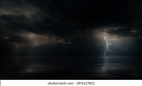 Dark Mysterious Monsoon Cyclone Storm Clouds And Multiple Bolts Of Lightning. Tranquil Eye Of The Storm Above Tropical Ocean At Night. Conceptual 3d Illustration Of Powerful Hurricane Weather.