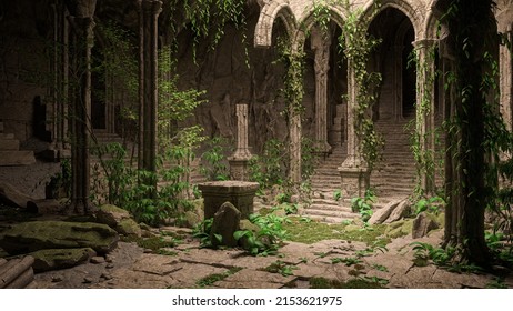 Dark mysterious ruin of a fantasy medieval temple overgrown with ivy. 3D render.