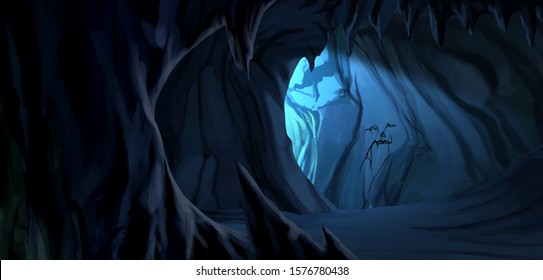 A dark, mystic cave landscape background cartoon game illustration