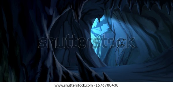 暗い神秘的な洞窟の風景の背景にカートーンゲームイラスト のイラスト素材