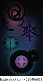 A dark mystical space background featuring silhouetted celestial symbols including a spiral galaxy snowflake star compass and mechanical gear with glowing core