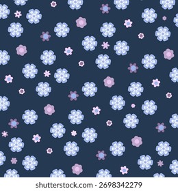 A dark navy blue seamless pattern featuring small, delicate, scattered periwinkle blue and pastel purple flowers. Ideal for textile prints, digital backgrounds, and charming surface designs.