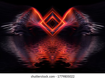 Dark neon background with rays and liquid, flowing lines. Night view, reflection in the water of neon light. Abstract dark bright red neon. 3d illustration