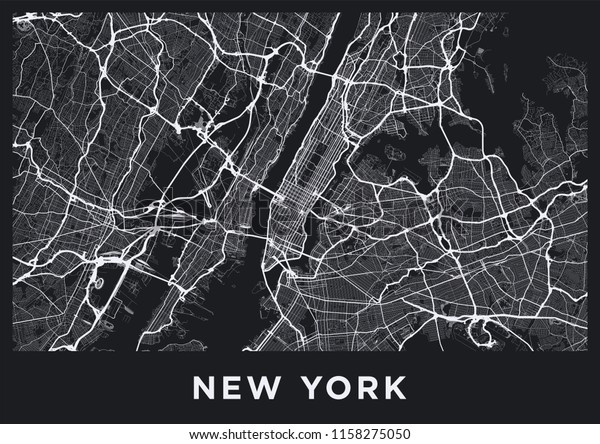 暗いニューヨーク市の地図 ニューヨーク 米国 のロードマップ ニューヨークの通りの白黒 暗い イラスト Big Appleの輸送網 印刷可能なポスター形式 アルバム のイラスト素材