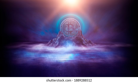 Dark, night abstract fantasy landscape with island, pyramids, bitcoin and lightning. Reflection of neon in water, sea, ocean. Smoke, smog on the shore. A modern futuristic landscape with bitcoin. 3d 