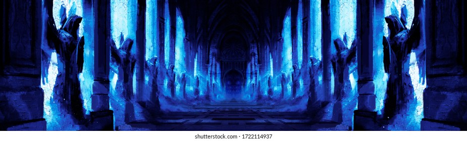 A dark night corridor assembled with many statues of angels along the wall, everything is lit by blue moonlight, at the end of the corridor is a massive door. 2d illustration