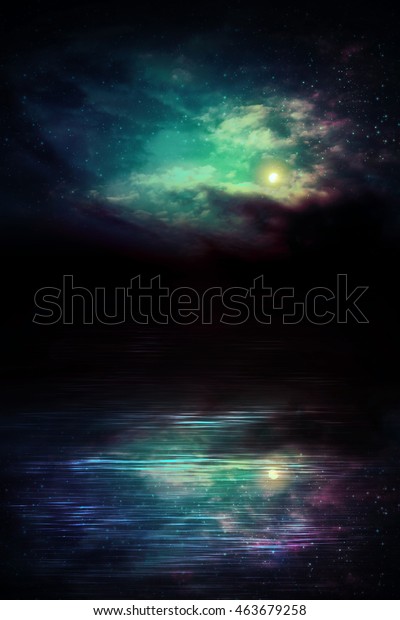 Dark\
night sky reflected in the calm river\
illustration.