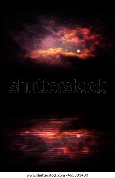 Dark\
night sky reflected in the calm river\
illustration.