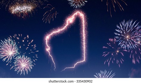 A dark night sky with a sparkling red firecracker in the shape of Western Australia composed into.(series)
