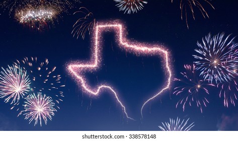 A Dark Night Sky With A Sparkling Red Firecracker In The Shape Of Texas Composed Into.(series)