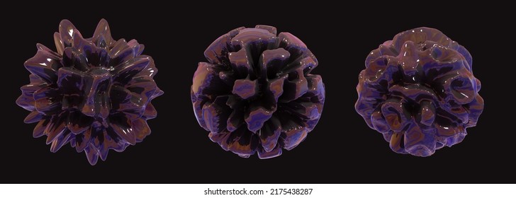 Dark Objects With Oil Slick Texture. Dark Background With Purple Abstract Shapes. Closeup Of Alien Object. 3d Render