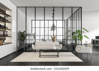 Dark Office Interior With Light Chill Area, Sofa And Armchair. Conference Room Behind Glass Doors, Pc Computer, Laptop And Shelf With Folders. Panoramic Window On Singapore. 3D Rendering