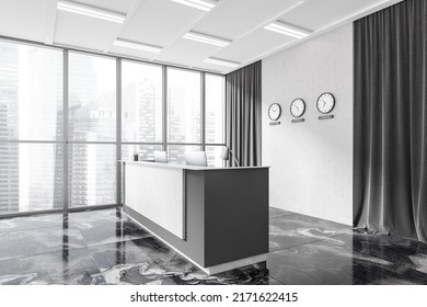 Dark office interior with reception desk and pc computer, side view, world clock and panoramic window on Singapore city view. Entrance hall and tile marble floor, 3D rendering