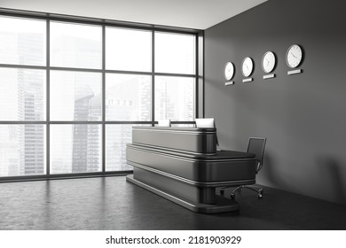 Dark office interior with reception desk and pc computer, side view, world clock and panoramic window on Singapore city view. Entrance hall and black concrete floor. 3D rendering