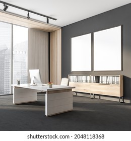 Dark office interior with two empty white posters, panoramic window, desktop, armchair, desk, bookshelves and concrete floor. Concept of ceo workspace. Perfect place for working process. 3d rendering