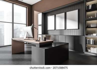 Dark Office Room Interior With Three Empty White Posters, Panoramic Window, Desktop, Bookshelf, Armchair, Desk And Concrete Floor. Perfect Place For Working Process. Minimalist Design. 3d Rendering