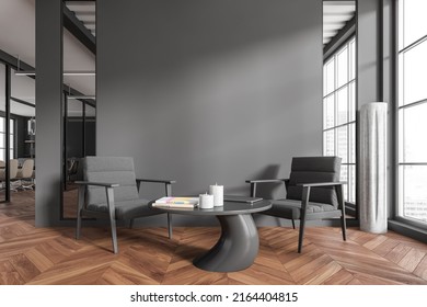 Dark Office Room Interior With Two Armchairs And Coffee Table, Panoramic Window With City View. Office Minimalist Waiting Room. Mockup Empty Grey Wall. 3D Rendering