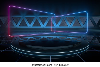 Dark Outer Space Room With Empty Stage, 3d Rendering. Computer Digital Drawing.